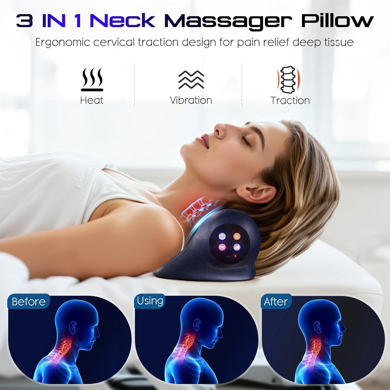 Neck Massager with Heat, 3-in-1 Electric Cervical Massager for Pain Relief & Hot Compress, Ergonomic Neck and Shoulder Relaxer Stretcher - Ideal Gift for Office Workers, Athletes & Everyone, Blue