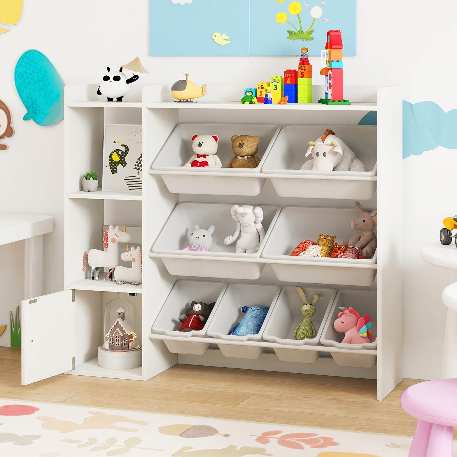 Costway Kids Toy Storage and Bookshelf, Wooden Bookcase with 4 Small Boxes & 4 Large Boxes
