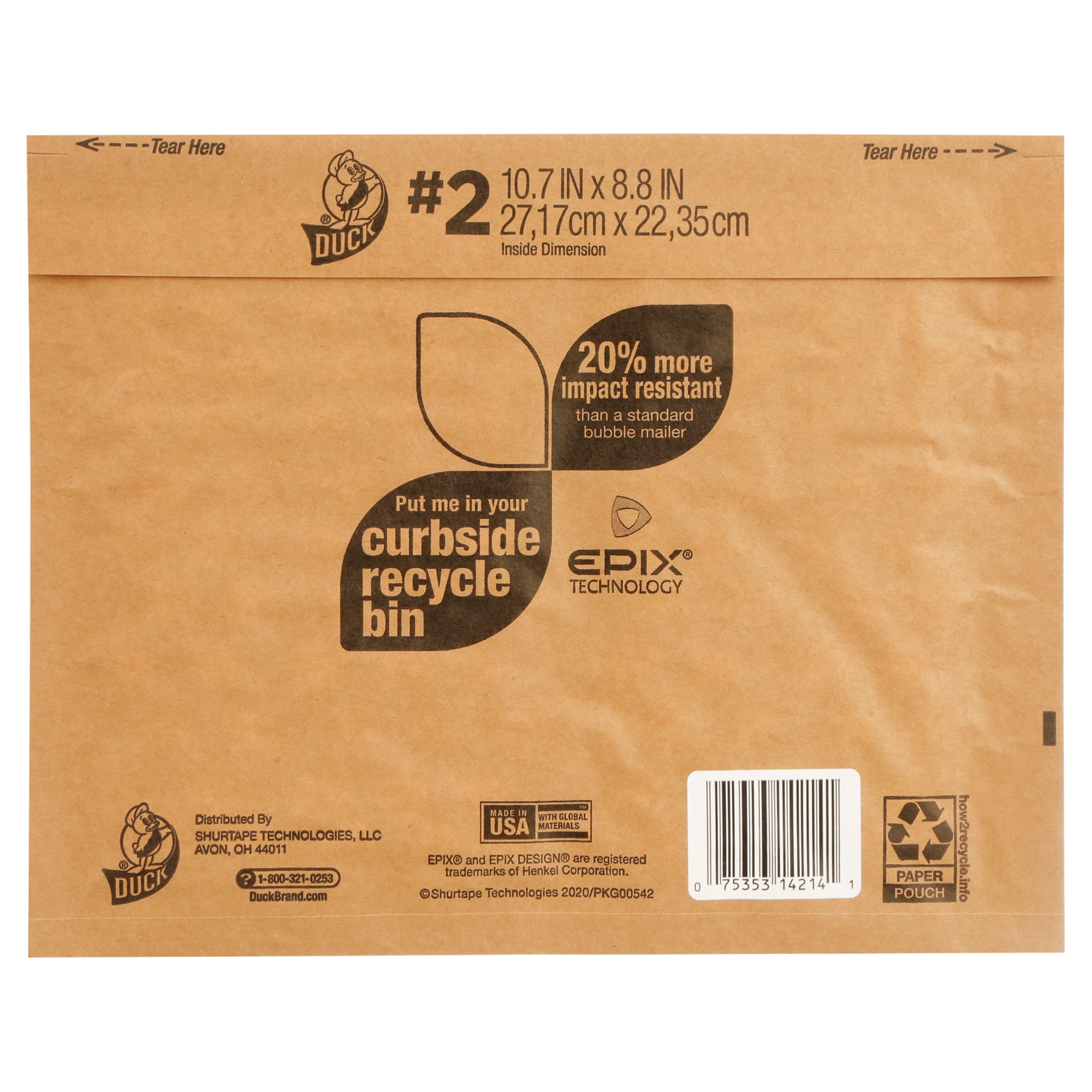 Duck Brand Recyclable Paper Mailer, #2, 10.7" x 8.8", Brown