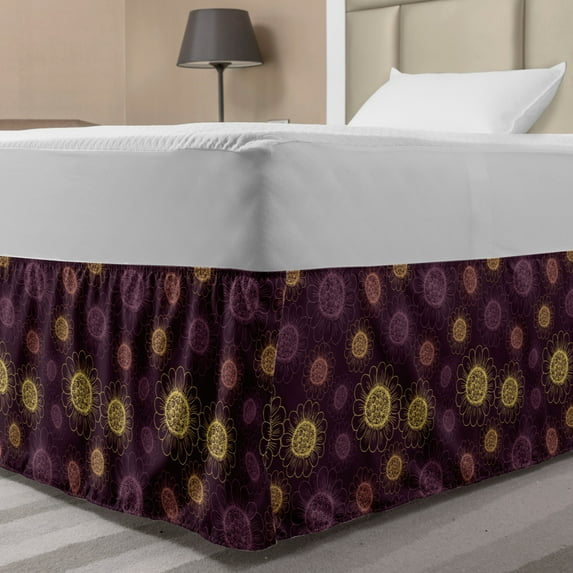 Floral Bed Skirt, Shabby Flower Petals Motif Classic Meadow Gardening Beauty of Blossoms, Elastic Bedskirt Dust Ruffle Wrap Around for Bedding Decor, 4 Sizes, Plum and Multicolor, by Ambesonne
