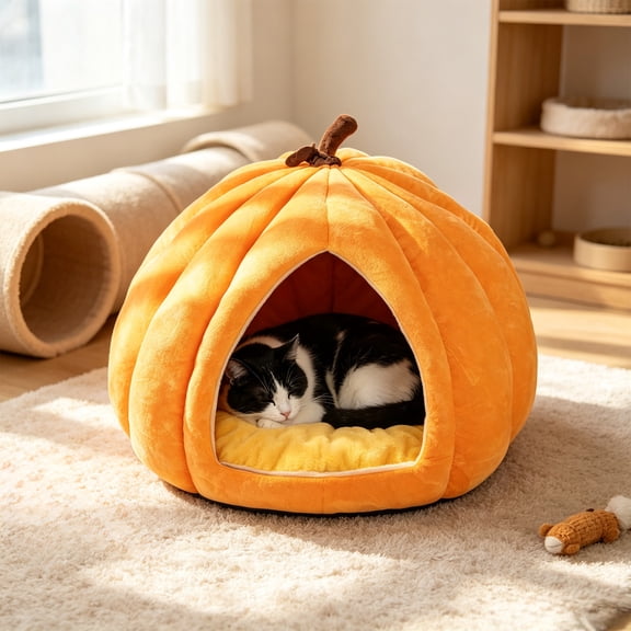Cat Bed Pumpkin Cave for Indoor Cats Warm Cozy Semi-Enclosed Sleeping House with Soft Cushion for Kittens Small Dogs 17.3x17.3in by MPOISVA