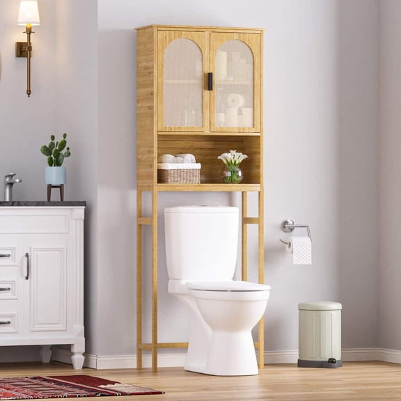Yellow Bamboo Over-The-Toilet Storage Cabinet 24.4 in. W x 66.9 in. H x 9.5 in. D with 3-Shelf and Rattan Doors