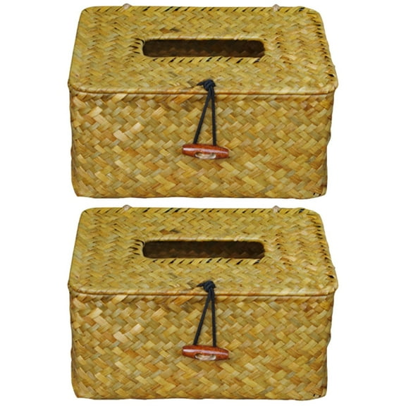 MLINS 2pcs Straw Plaited Tissue Box Square Tissue Holder Napkin Case for Home Car Restaurant ( Color)