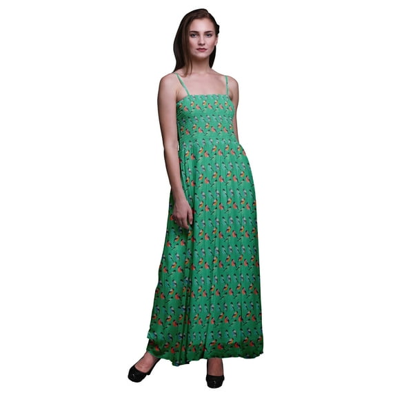 Bimba Rufous Flycatcher Bird Print Women Long Maxi Tube Smocked Bodice Dress-Medium
