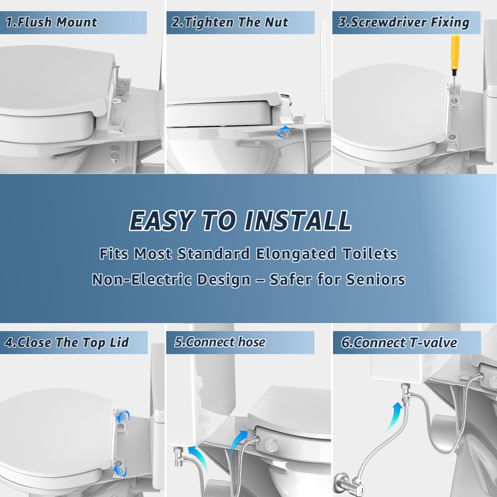 Raised Elongated Bidet Toilet Seat 18.5"  Soft Close Lid Dual Self-cleaning Nozzles Quick Release Heavy-duty Pp Stable & No Loosening Ideal For Seniors Mobility White
