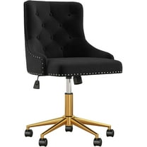 Velvet Armless Home Office Desk Chair, Swivel Height-Adjustable Small Cute Vanity Chair for Women/Girls, Comfy Makeup Chair with Rivet and Gold Base for Living Room, Bedroom(Black)