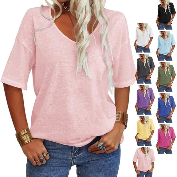 Sasuw Oppositen Tshirts, The Ultimate V Neck Short Sleeve T Shirt, Women's Solid Color V-Neck T-Shirt, Half Sleeve Loose Fit