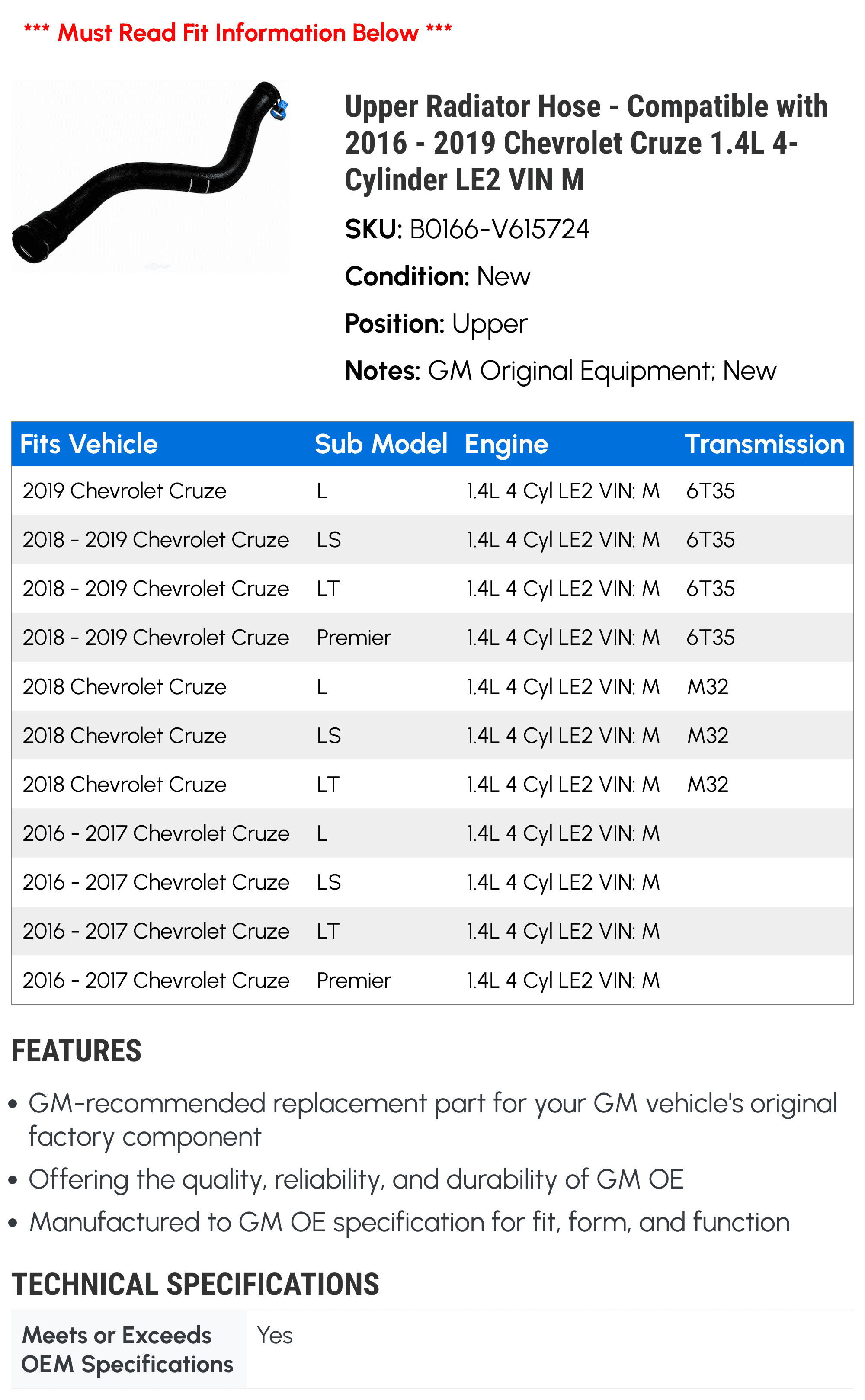 Upper Radiator Hose - Compatible with 2016 - 2019 Chevy Cruze 1.4L 4-Cylinder LE2 VIN M 2017 2018