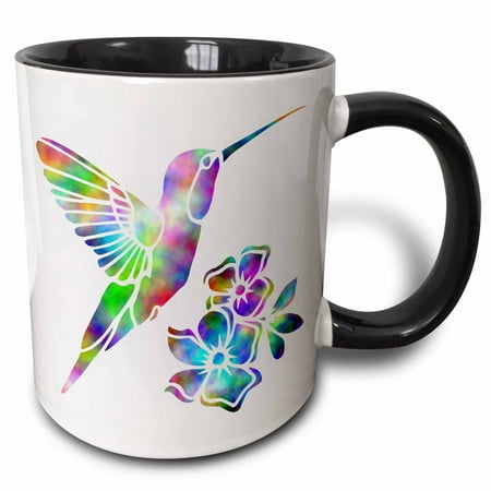 

3dRose Rainbow Tie Dye Hummingbird and Flowers - Two Tone Black Mug 11-ounce