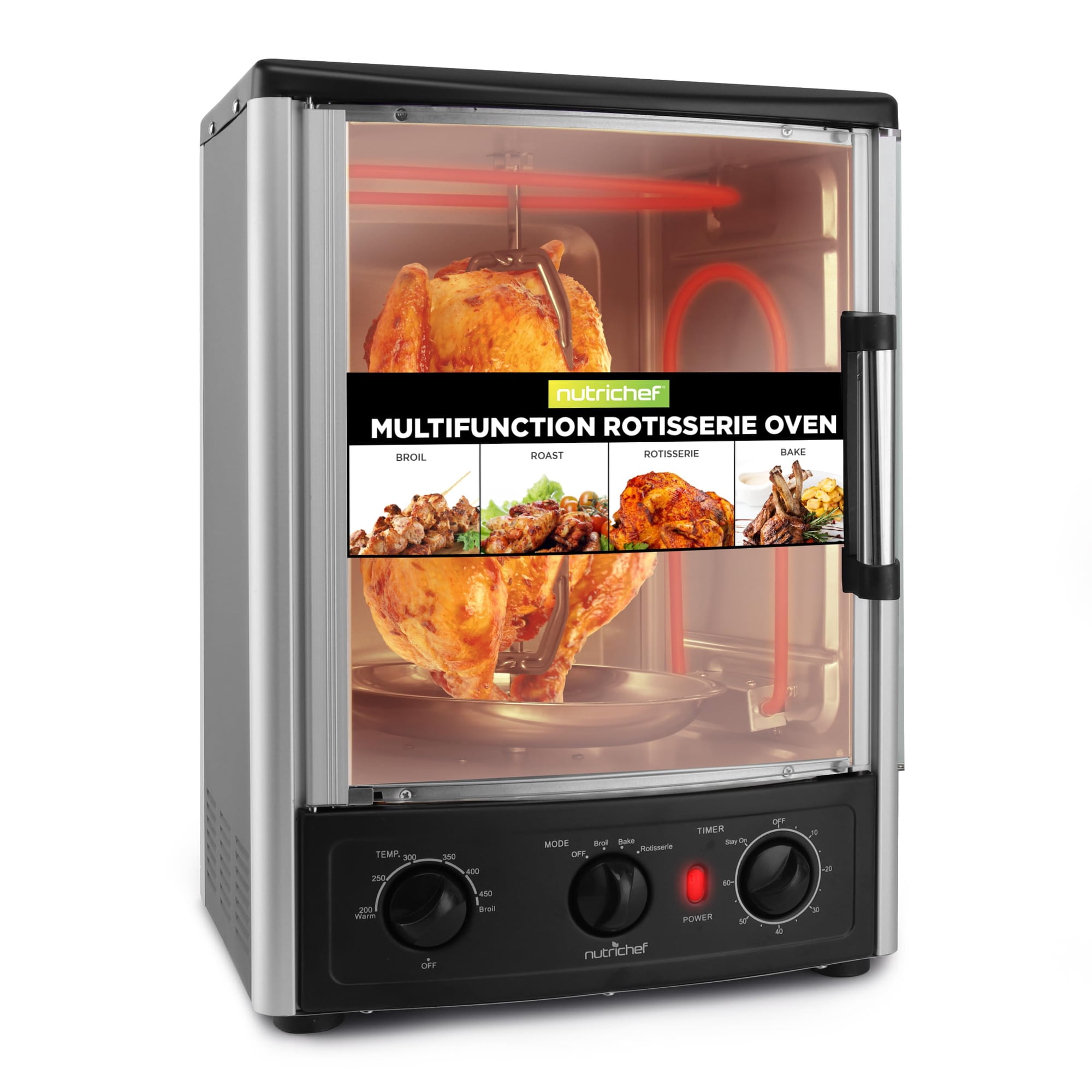 Nutrichef Upgraded Multi-Function Rotisserie Oven - Vertical Countertop Oven with Bake, Turkey Thanksgiving, Broil Roasting Kebab Rack with Adjustable Settings, 2 Shelves 1500 Watt - AZPKRT97