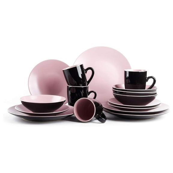 Stoneware Two-Tone Colors Life 16pc Dinner Set,Outside Shiny Black Inside Matte Glaze Rose