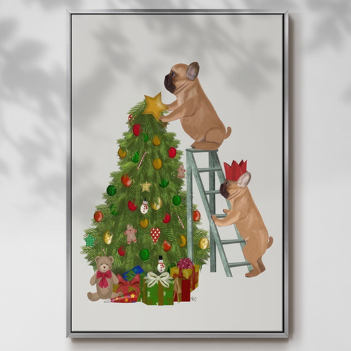 Christmas French Bulldog Tree Ladder - Framed Gallery Wrapped Holiday Canvas - 27 x 41 - Silver Frame
