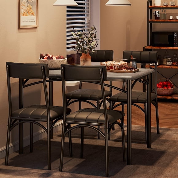 5 Pcs Dining Table Set for 4 Rectangular Kitchen Table with 4 Upholstered Chairs Metal Frame and MDF Top Space-Saving for Small Spaces Rustic Gray