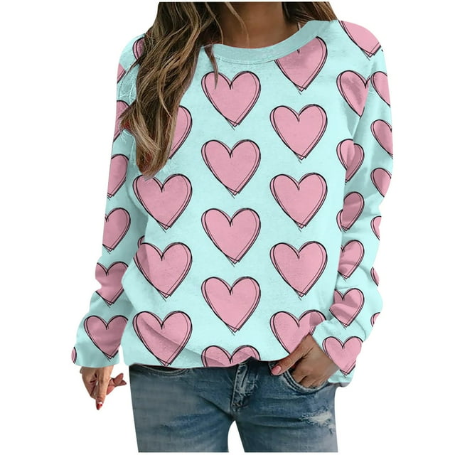 VALMASS Chandails en Molleton de la Saint-Valentin pour Femmes Graphique Manches Longues Col Rond Hauts Mode Décontractée Pull Ample Blouses (m, Bleu Clair)