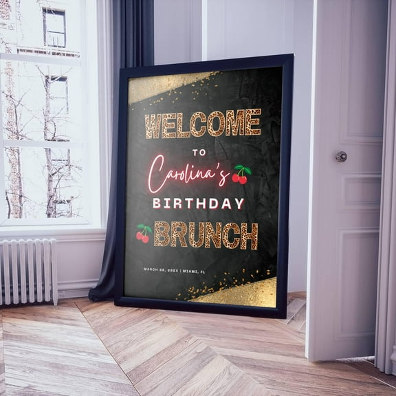YaHaku Cheetah Print Birthday Brunch Welcome Sign- Leopard Cherry Board, Girls Night Party Decor Poster, Banner