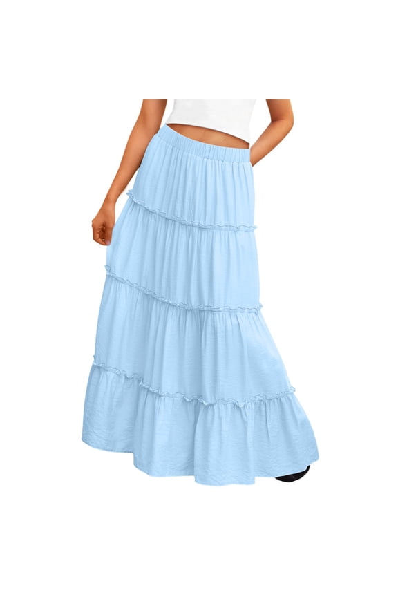 Kids Girls Flowy Long Skirts Summer Solid A-Line Ruffle Swing Tiered Pleated Skirt Cute Elastic High Waist Boho Maxi Skirts for Teen Girls, 4-15 Years