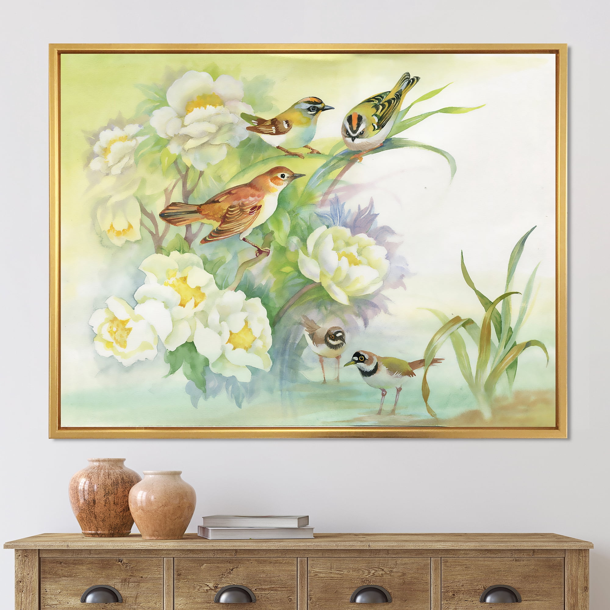 Designart 'Birds and Flowers In Rustic Scenery' Traditional Framed Canvas Wall Art Print