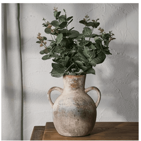 Rustic Ceramic Farmhouse Flower Vase with 2 Handles, Whitewashed Terra Cotta Vase, Decorative Pottery Flower for Home Decor, Table, Living Room, Shelf Decor, 7.3 Inch