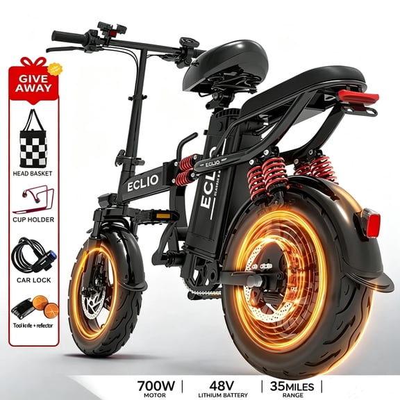 ECLIO Folding Electric Bike for Adults, 800W Peak Motor Electric Bicycles , 48V 14Ah Removable Battery, Up to 50 Miles Range, 14" Wide Tires, Full Suspension Ebike - Black