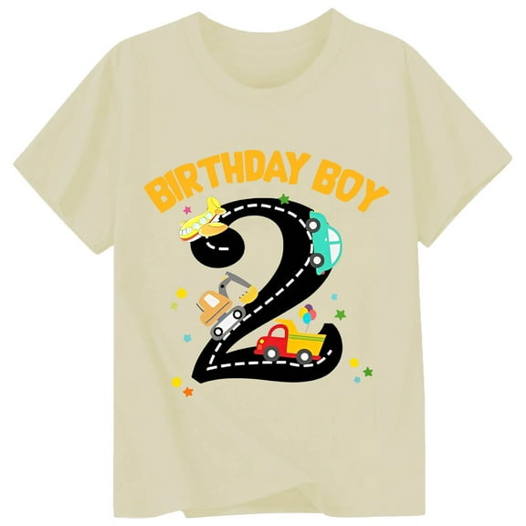 FINALGANG Boys 2Nd Birthday Cartoon Vehicle Print Short Sleeve TShirt Birthday Boy Crew Neck Casual Tee For Kids Party Wear Leisure Top