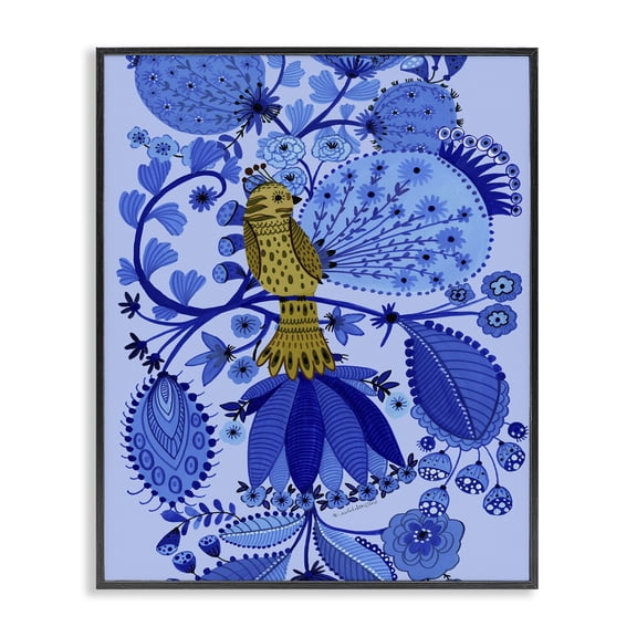 Stupell Industries Folk Inspired Whimsical Bird Animals Painting Black Framed Art Print Wall Art, 11 x 14