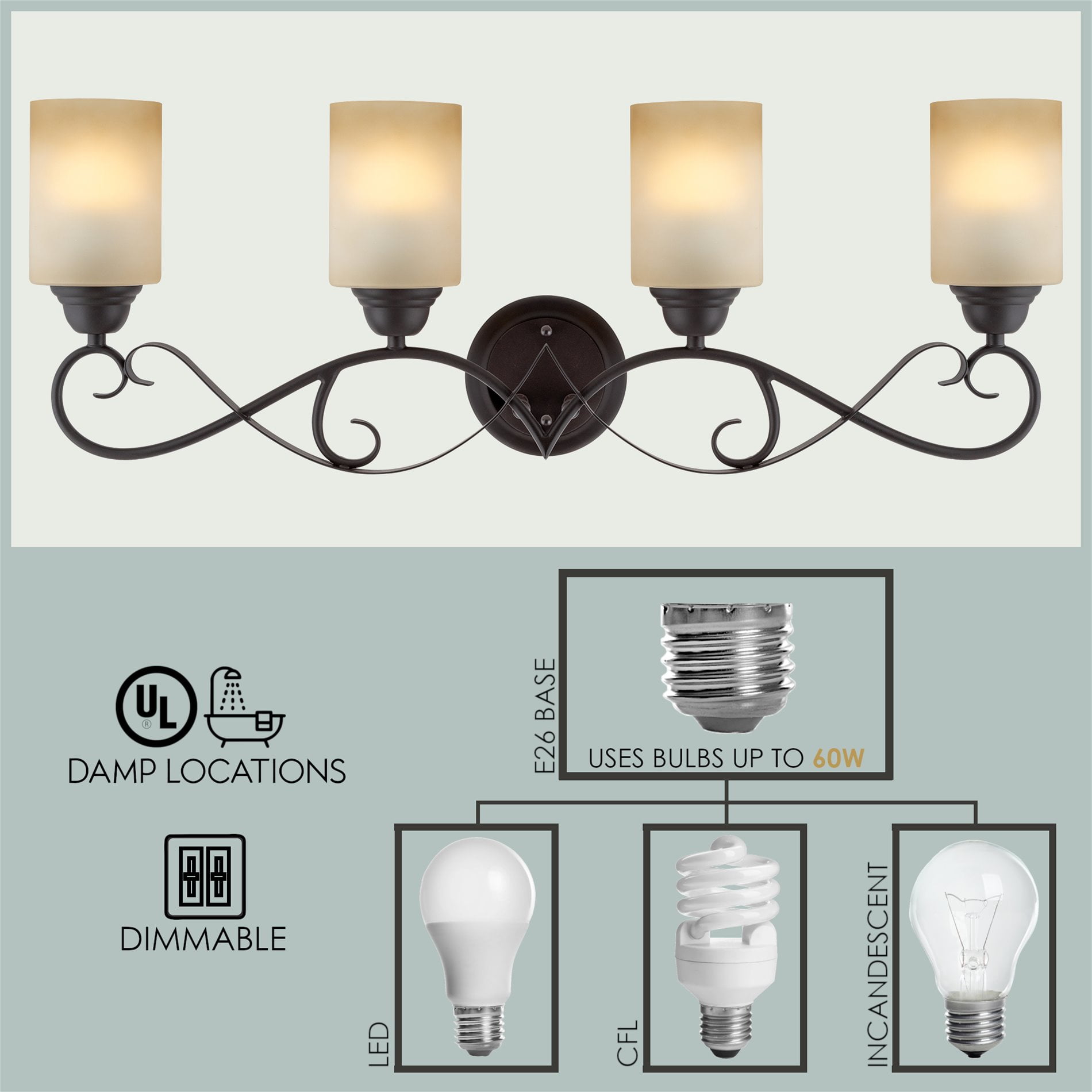 Home & Garden 4 light rubbed bronze vanity bathroom light with amber