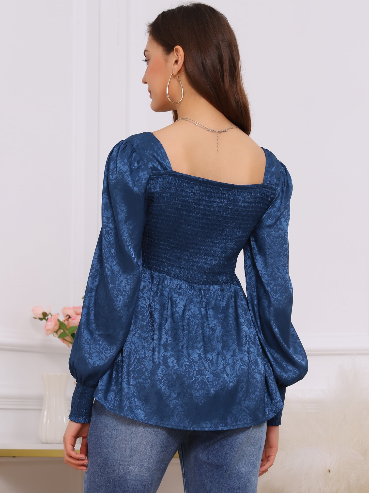 DARING DIVA Women's Maternity Jacquard Square Neck Lantern Sleeve Blouses XL Blue
