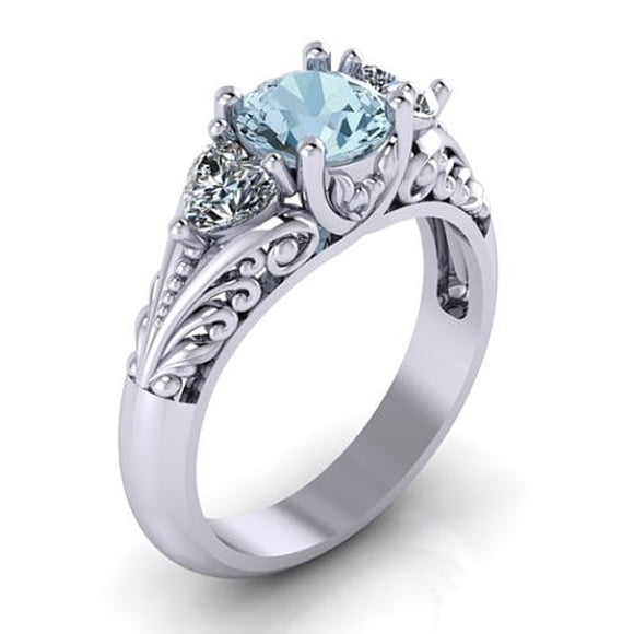 925 Sterling Silver Round Cut Aquamarine Floral Promise Ring