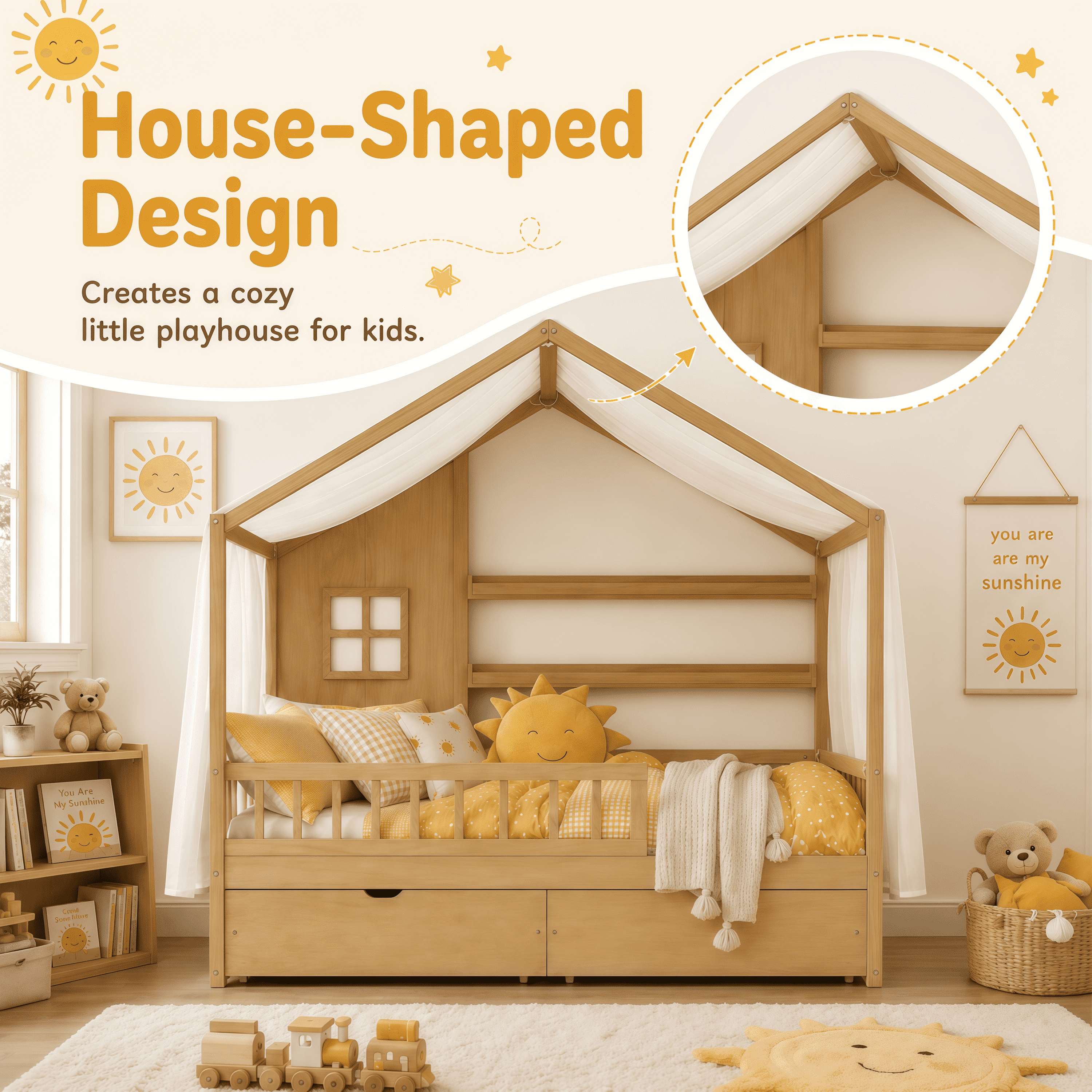 Euroco Wood Full Size House Bed with Roof and Curtains, Montessori Floor Bed with Drawers and Safety Guardrails,No Box Spring Needed, Natural