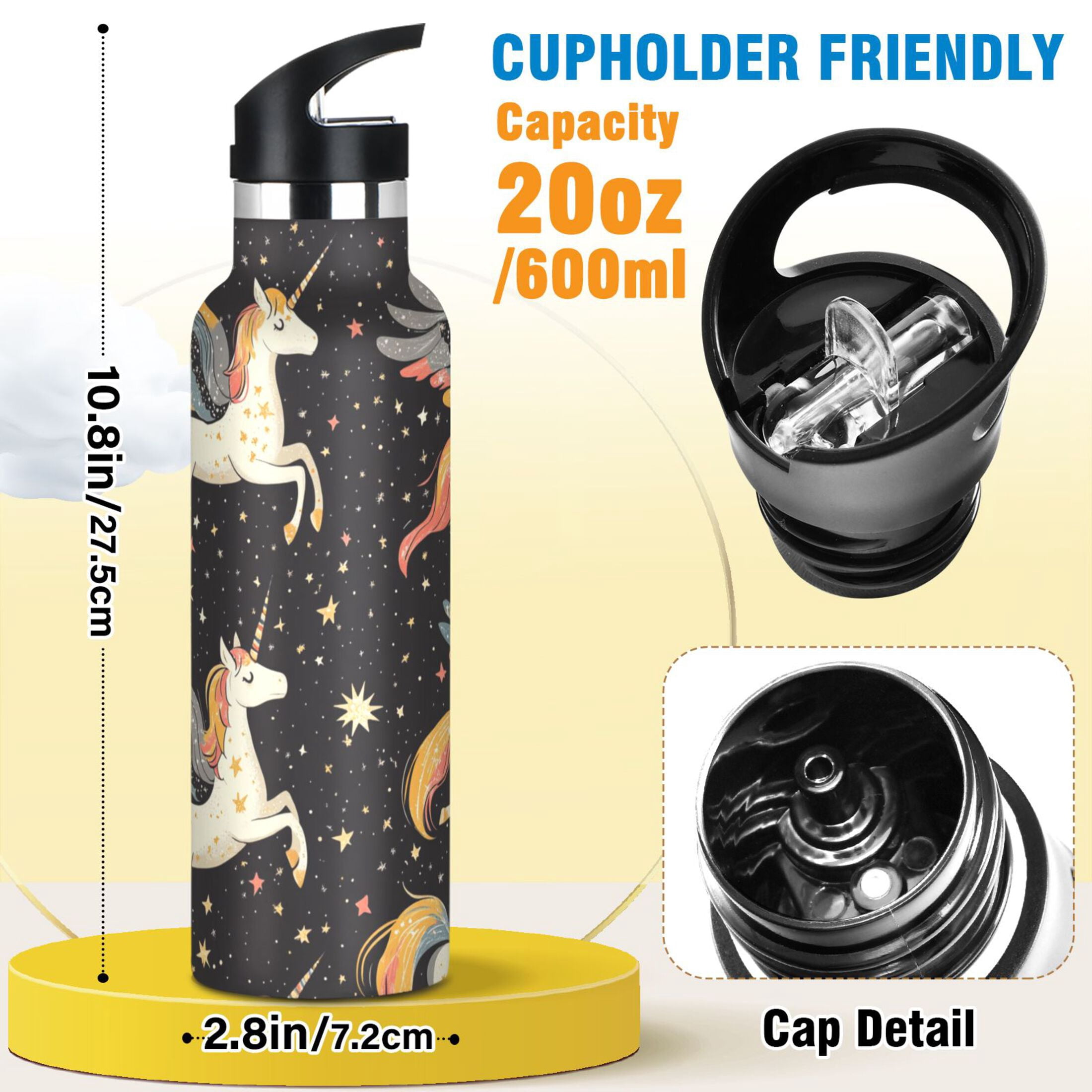 Kids Insulated Stainless Steel Sports Water Bottle 600ml (20oz) Unicorns with Wings