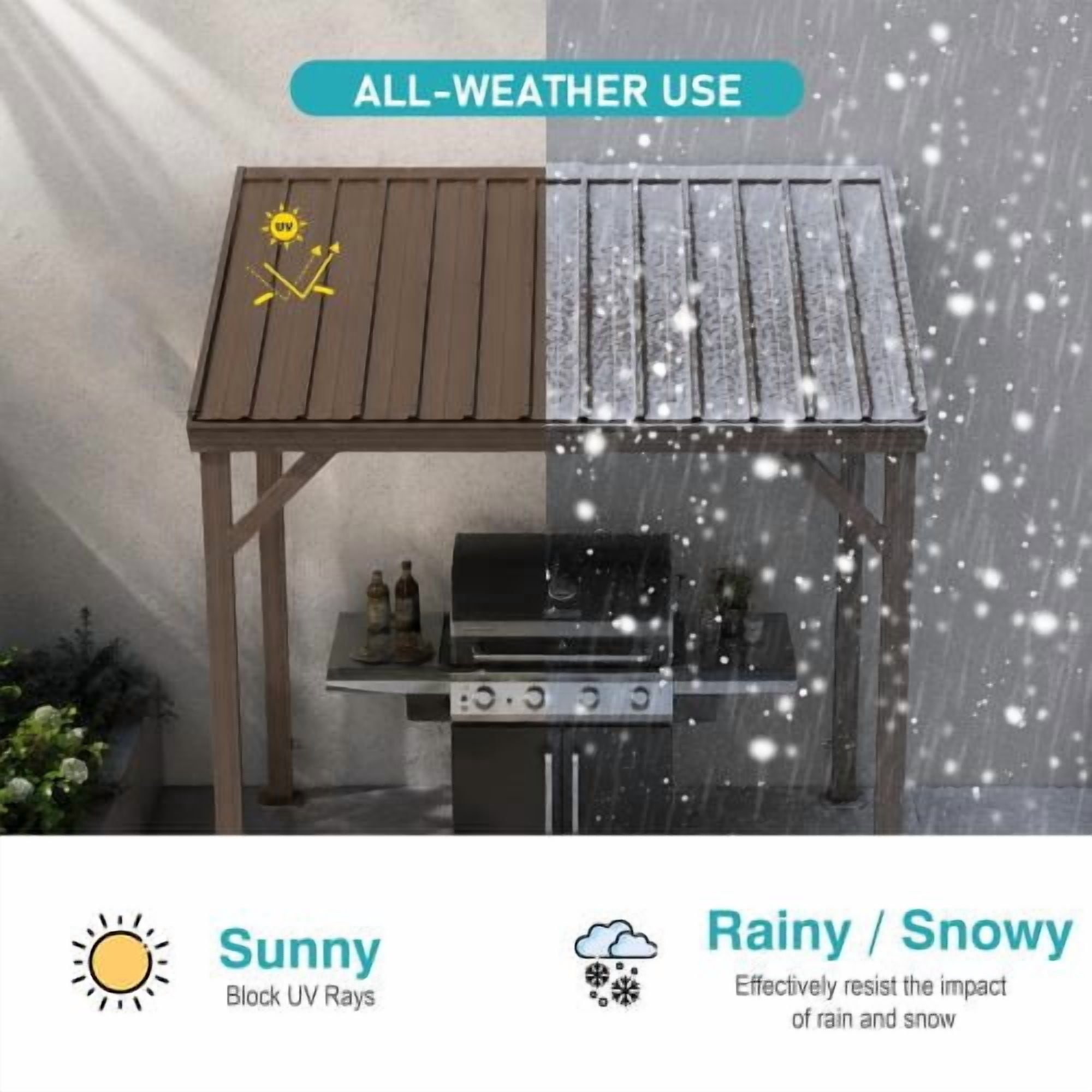 8x5 FT Brown Hardtop Lean-to Wall Mounted Gazebo with Galvanized Steel Roof & Drainage System, Heavy Duty Outdoor Shelter for Deck, Porch, Backyard