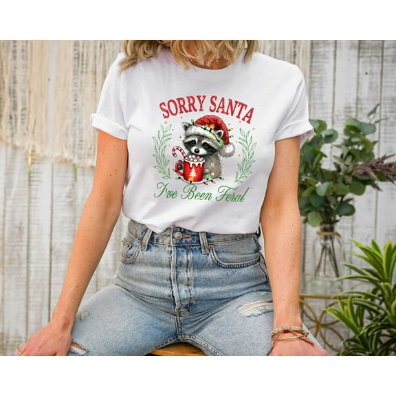 Moonlight Apparel Funny Christmas T-Shirt for Women Sorry Santa I’ve Been Feral Raccoon Holiday Tee Cute Graphic Santa Shirt Cozy Christmas Top