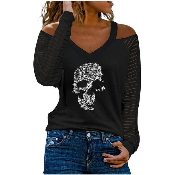 Tops Para Mujer Camisas de Manga Larga Moda de Otoño Camiseta Con Cuello en V Otoño Taladro Caliente Hombro Frío Blusa Suelta Odeerbi ODB148436