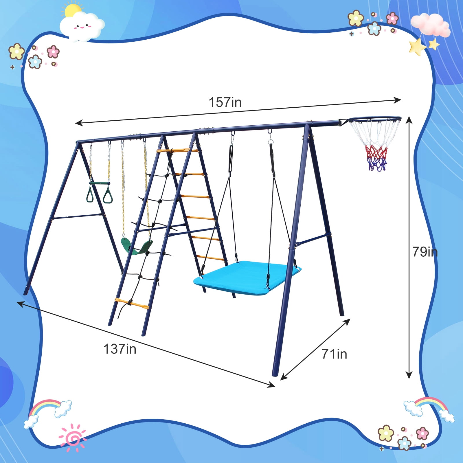 Hommoo 6 in 1 Swing Set With Climbing Ladder, Climbing Net, Trapeze bar, Hammock Swing, Belt Swing, Basketball hoop for Backyard, Multicolor