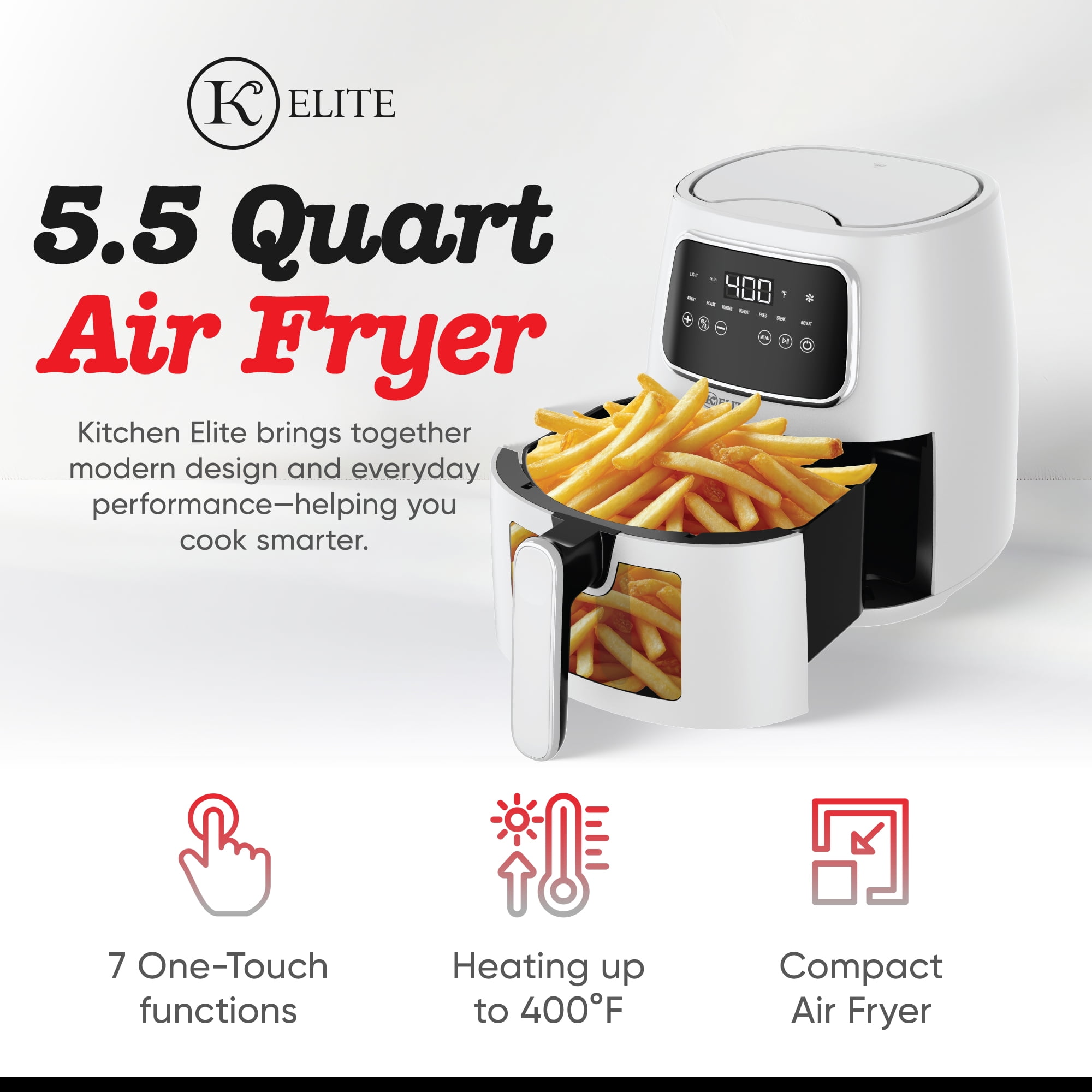 Kitchen Elite 5.5 Qt. Digital Air Fryer, Countertop Cooker with LED Screen, White