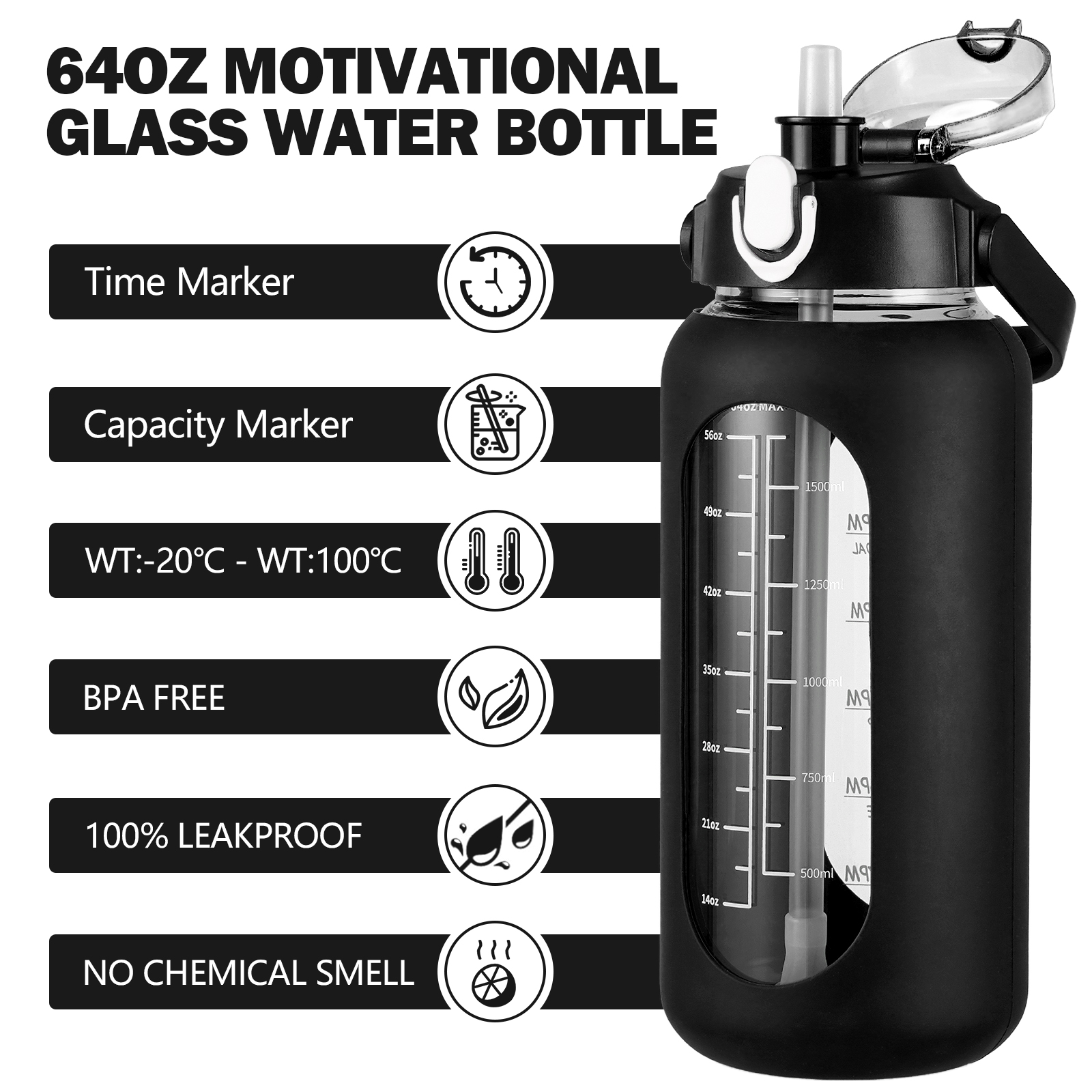 MUKOKO 64oz Glass Water Bottles, Water Jug with Silicone Sleeve, Half Gallon Glass with Straw and Time Marker, Black