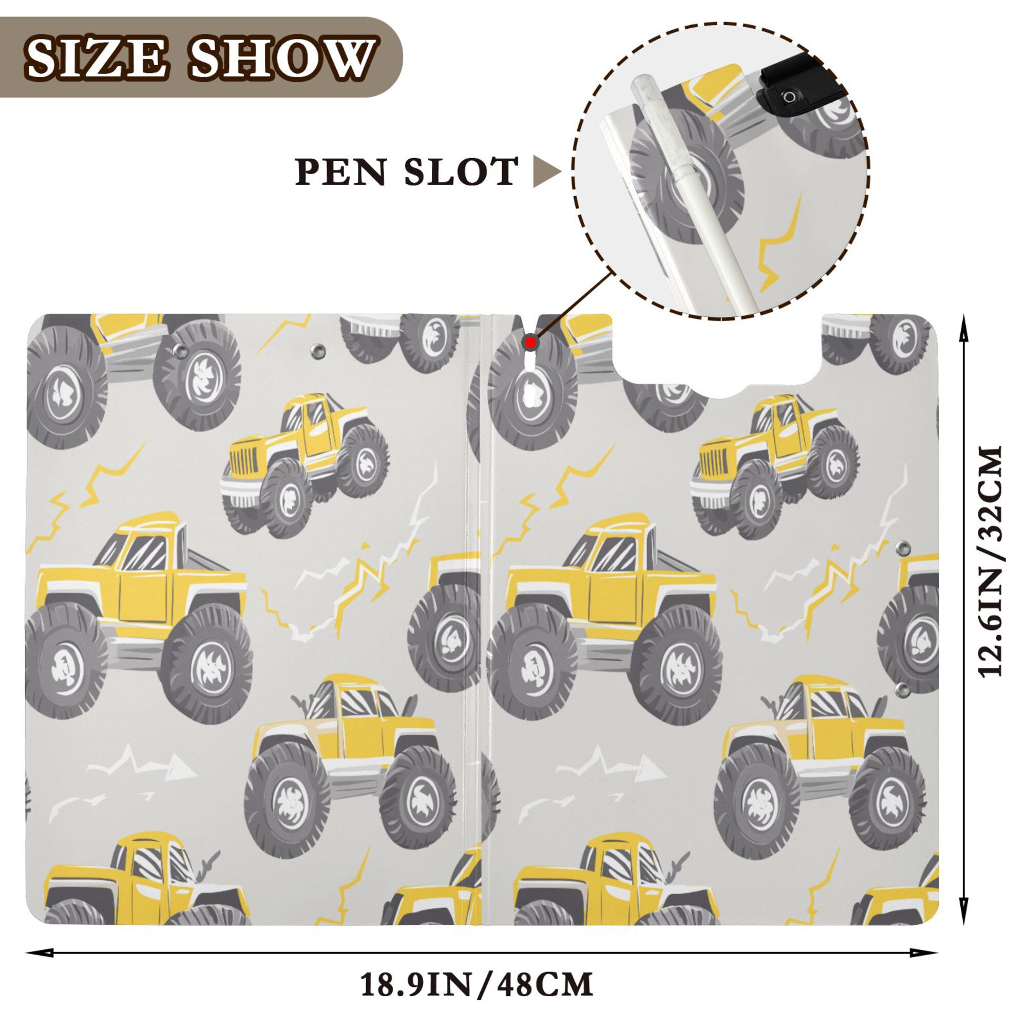 FORMRS A4 Clipboard Folder with Pen Holder Horizontal Foldable School Office Binder, Trucks Pattern
