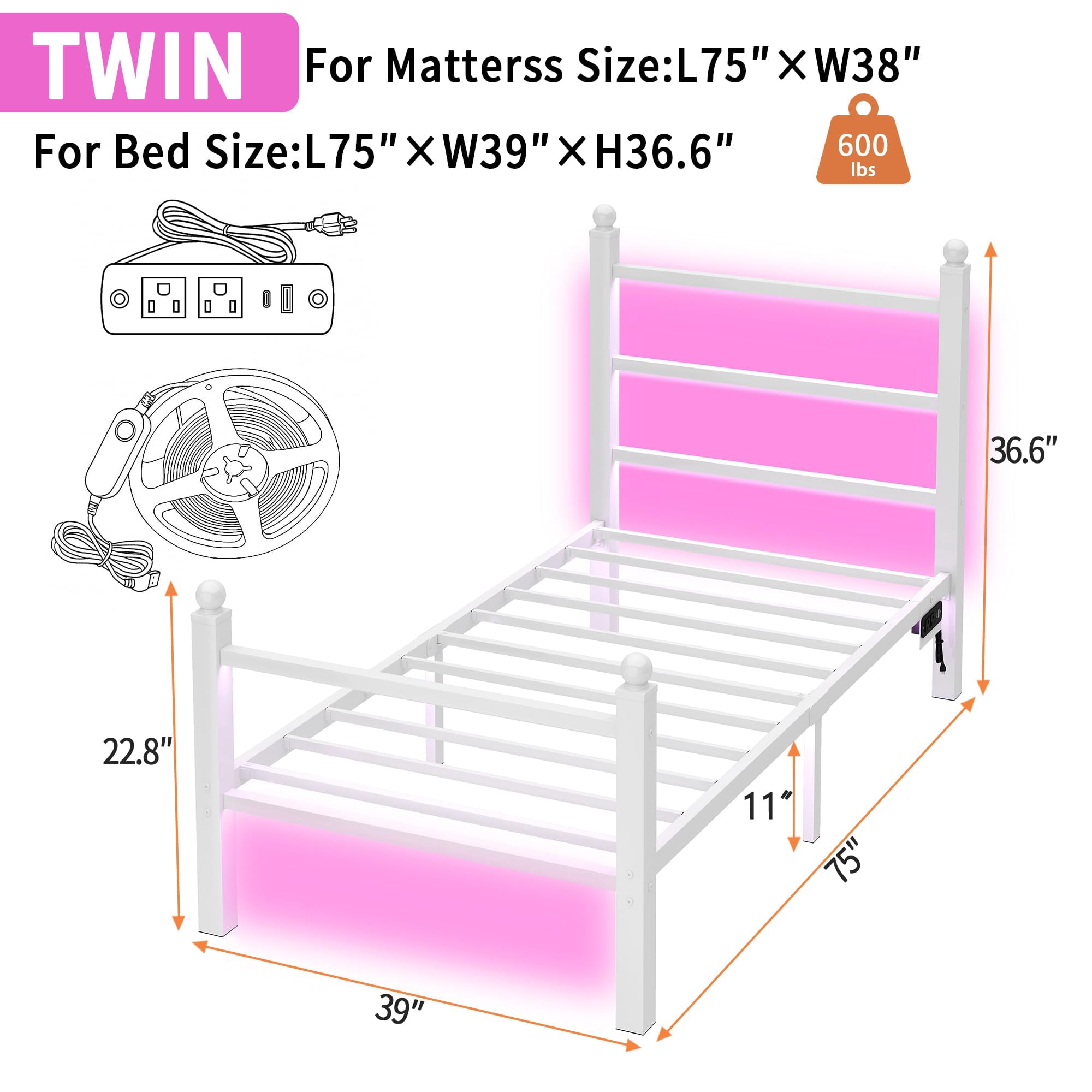 Chuangshuo Guard Twin Size Bed Frame with LED Storage Headboard Shelf , Metal Platform Bed, Noise-Free, White