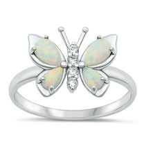 CHOOSE YOUR COLOR White CZ White Simulated Opal Butterfly Ring .925 Sterling Silver Band Female Size 6