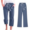 thumbnail image 2 of ZZwxWA Capris Straight Oversize Tube Feather Printed Cotton Linen Casual Comfy Going Out Elastic Drawstring Floral Print Pants Women High Waist Trousers Navy M, 2 of 4