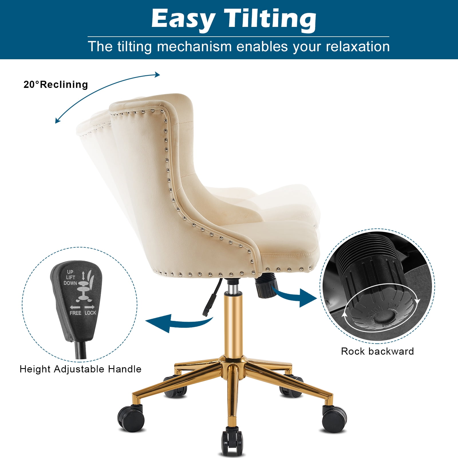 UBesGoo Armless Office Chair Flannel Computer Task Chair Adjustable Swivel Vanity Chair with Ergonomic Backrests and Wheels for Conference and Home Beige & Gold