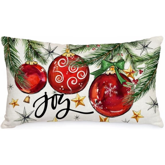 Christmas Pillow Cover 12X20 Inch Baubles Christmas Tree Stars Joy Decoration Holiday Farmhouse Winter Pillow Case for Sofa Couch Decor（Red） AA613-12
