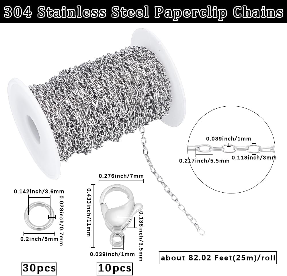 82 Feet 25m/roll 304 Stainless Steel Chains for Jewelry Making Silver Paperclip Chains Kits with 10Pcs Lobster Clasps and 30Pcs Jump Rings for DIY Bracelets Crafts grey