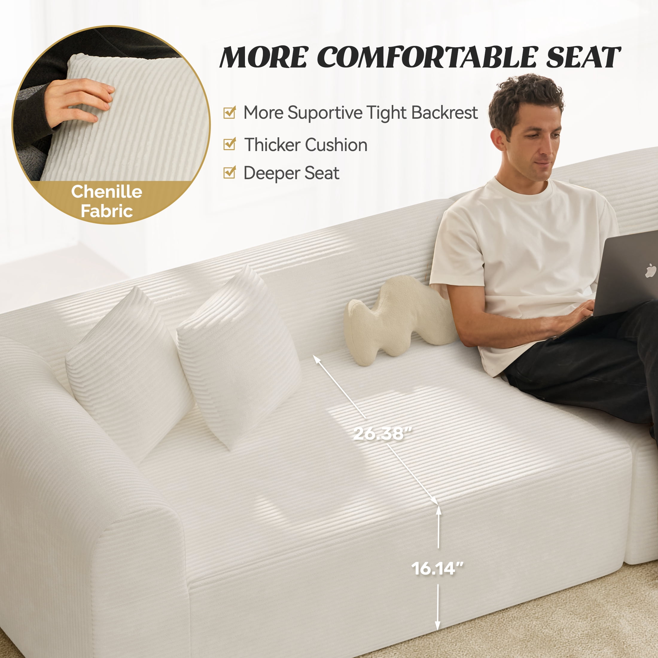 Hawsaiy 126" Oversized Modular Sectional Sofa, Modern Deep Seat Curved Cloud Couch, Soft Corduroy Upholstered Sofa for Living Room, White, No Assembly
