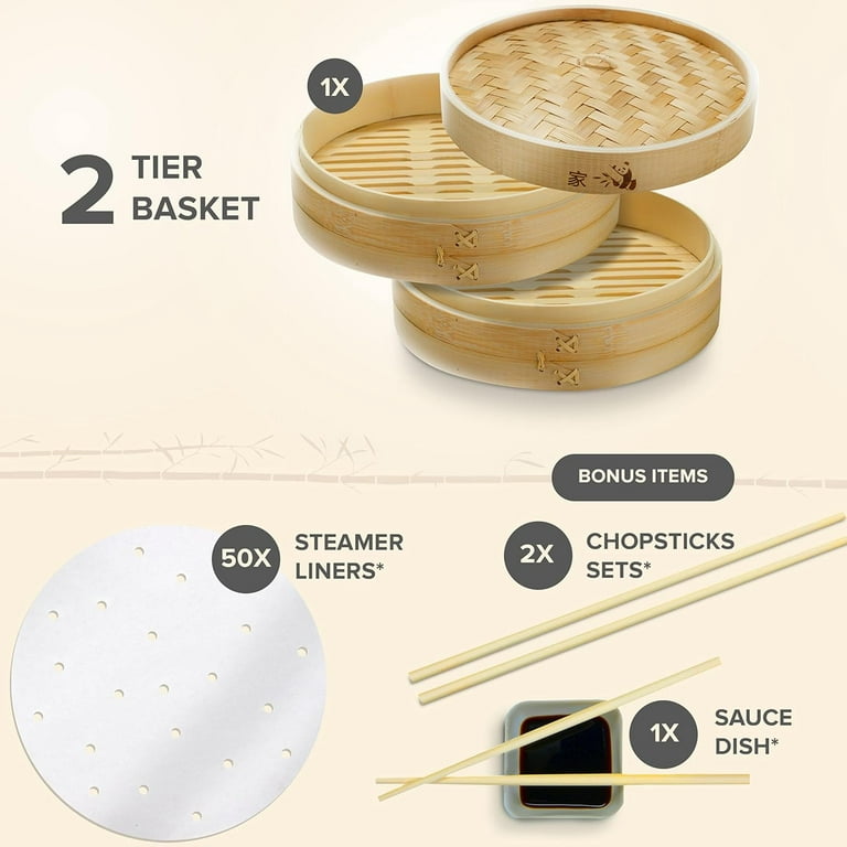 2-tier Bamboo Steamer Basket 10 Inch Food Steamer Pot With 2 Pairs of  Chopsticks, Tongs & 50 Paper Liners Wood Steamer for Cooking 