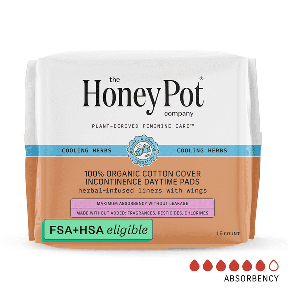 The Honey Pot Company, Herbal Daytime Incontinence Pads with Wings, Organic Cotton Cover, 16 ct.