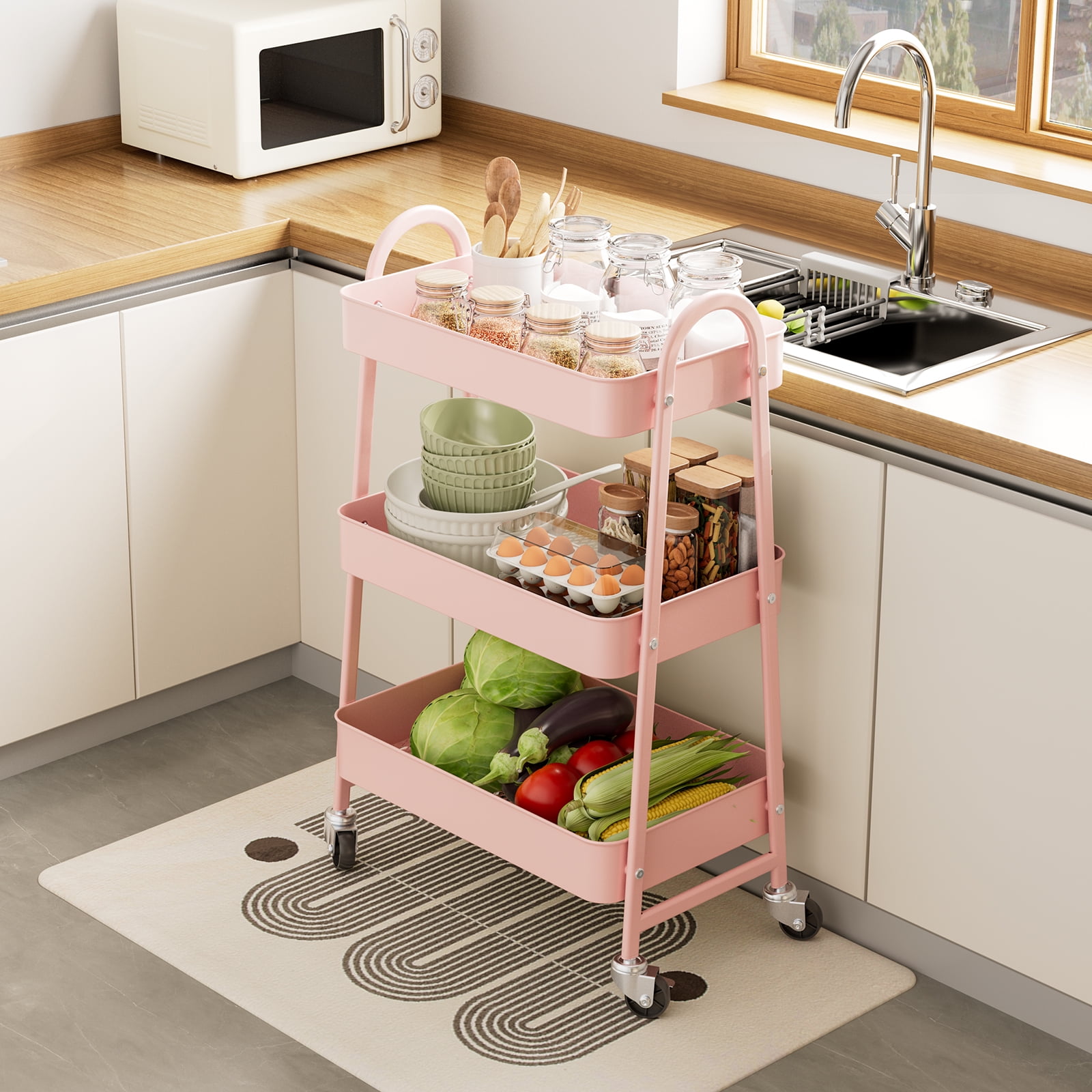 GIANNA 3 Tier Rolling Cart Organizer, Plastic Rolling Cart with Lockable Wheels & Reinforced Handle, Lightweight Utility Cart Storage Cart for Nursery, Kitchen, Bathroom, Craft Room