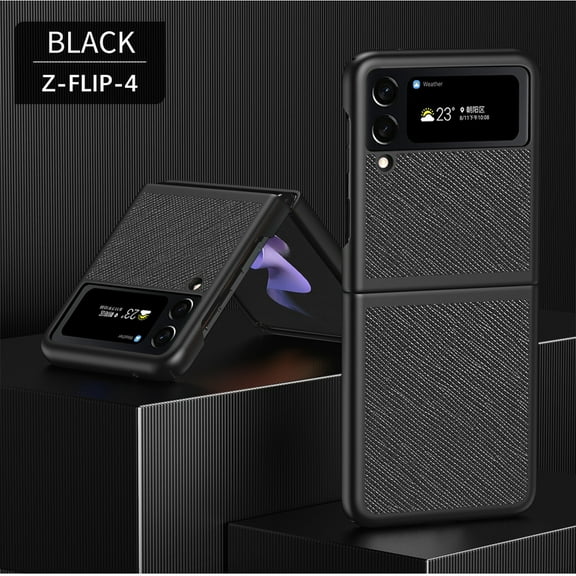 Dteck Case for Samsung Galaxy Z Flip 4,Premium PU Leather Hard PC Frame Case Elegant Slim Shockproof Durable Protection Cover,Black
