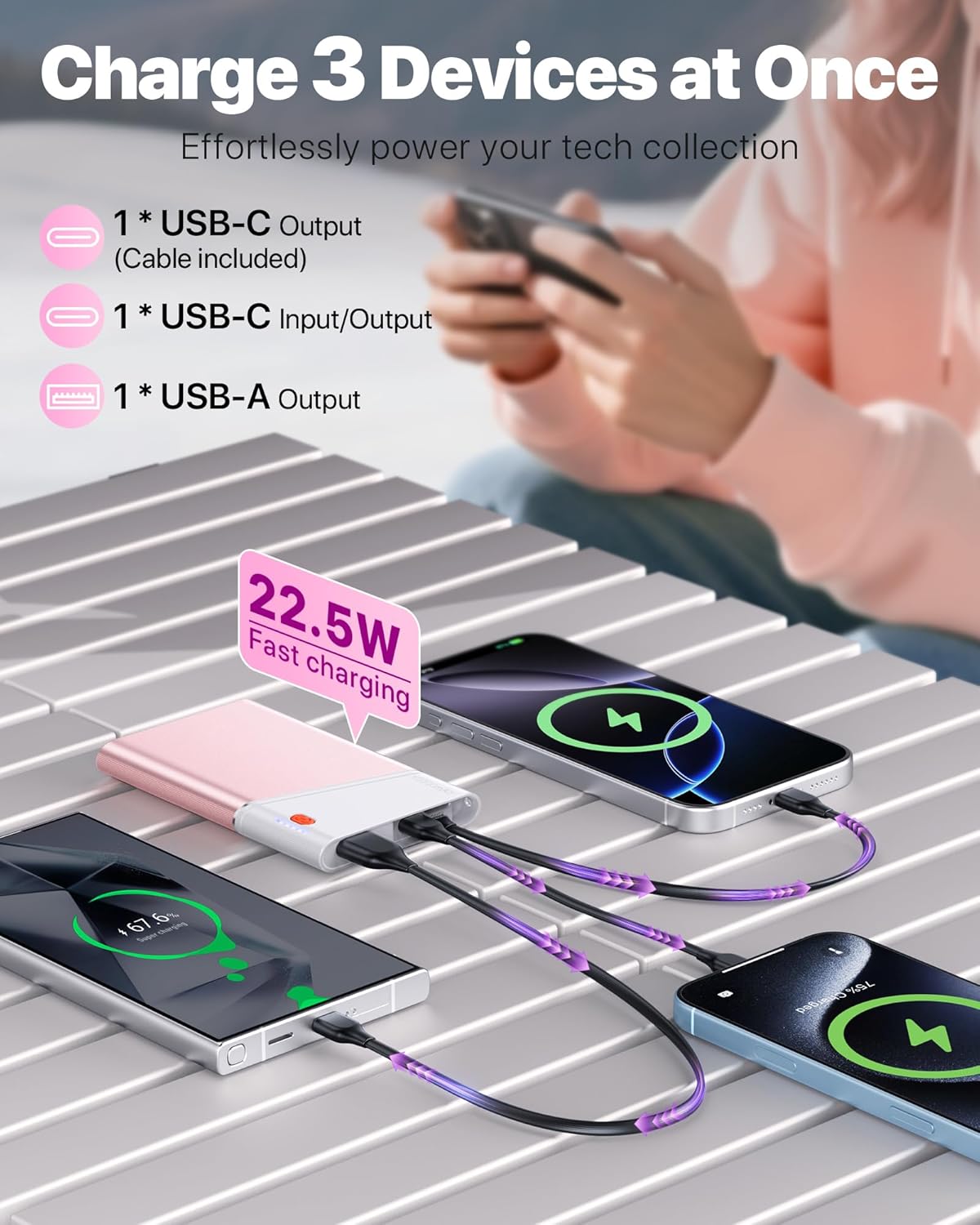 RGHJAR-Portable Charger Power Bank, 10000mAh 22.5W PD Fast Charging Powerbank with Built-in USB C Cable, Slim External Phone Battery Pack for iPhone 17/16/15 Samsung S24 Android etc (Pink)