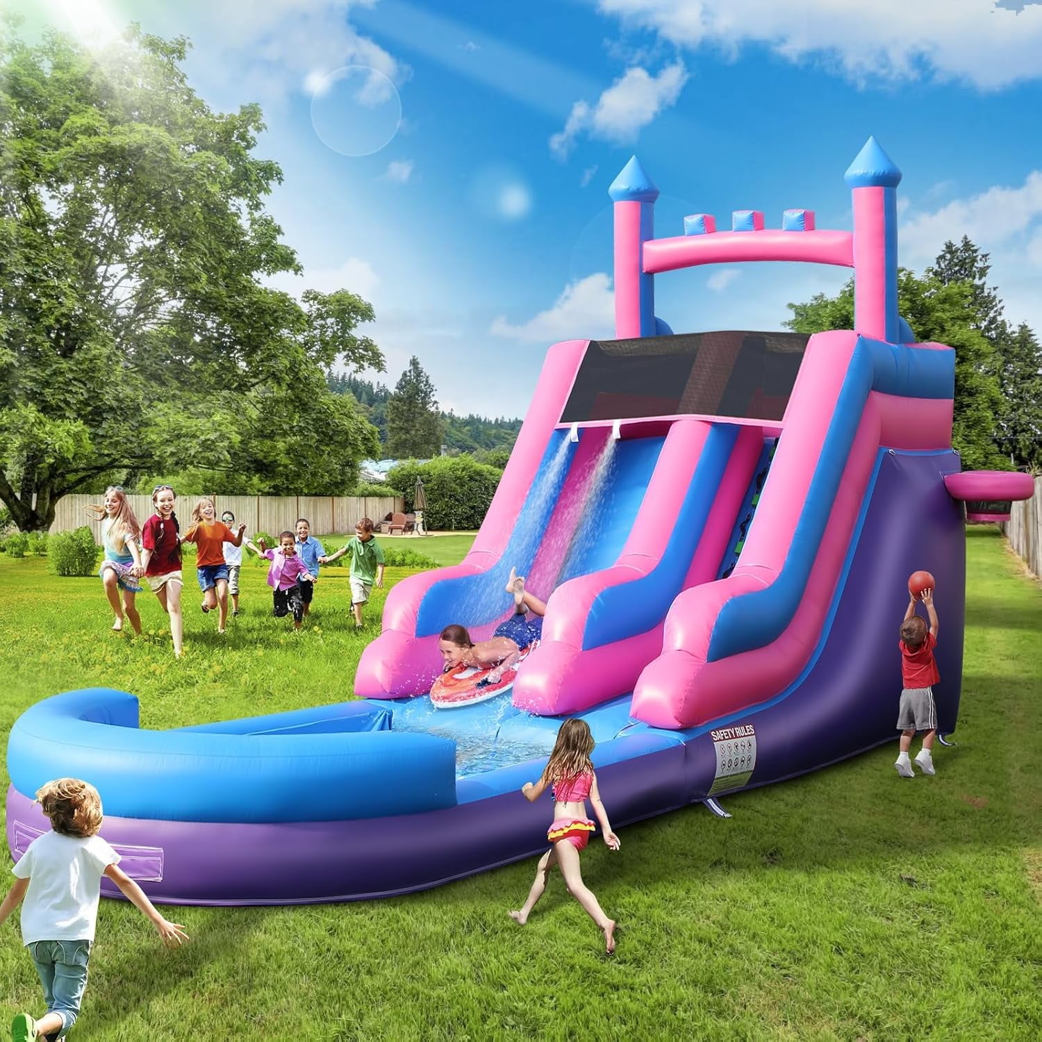 Esheno Adult Inflatable Water Slide 26.2x17.38x9.84 ft Commercial Grade PVC with Pool Double Slides Wet Dry Use Summer Party